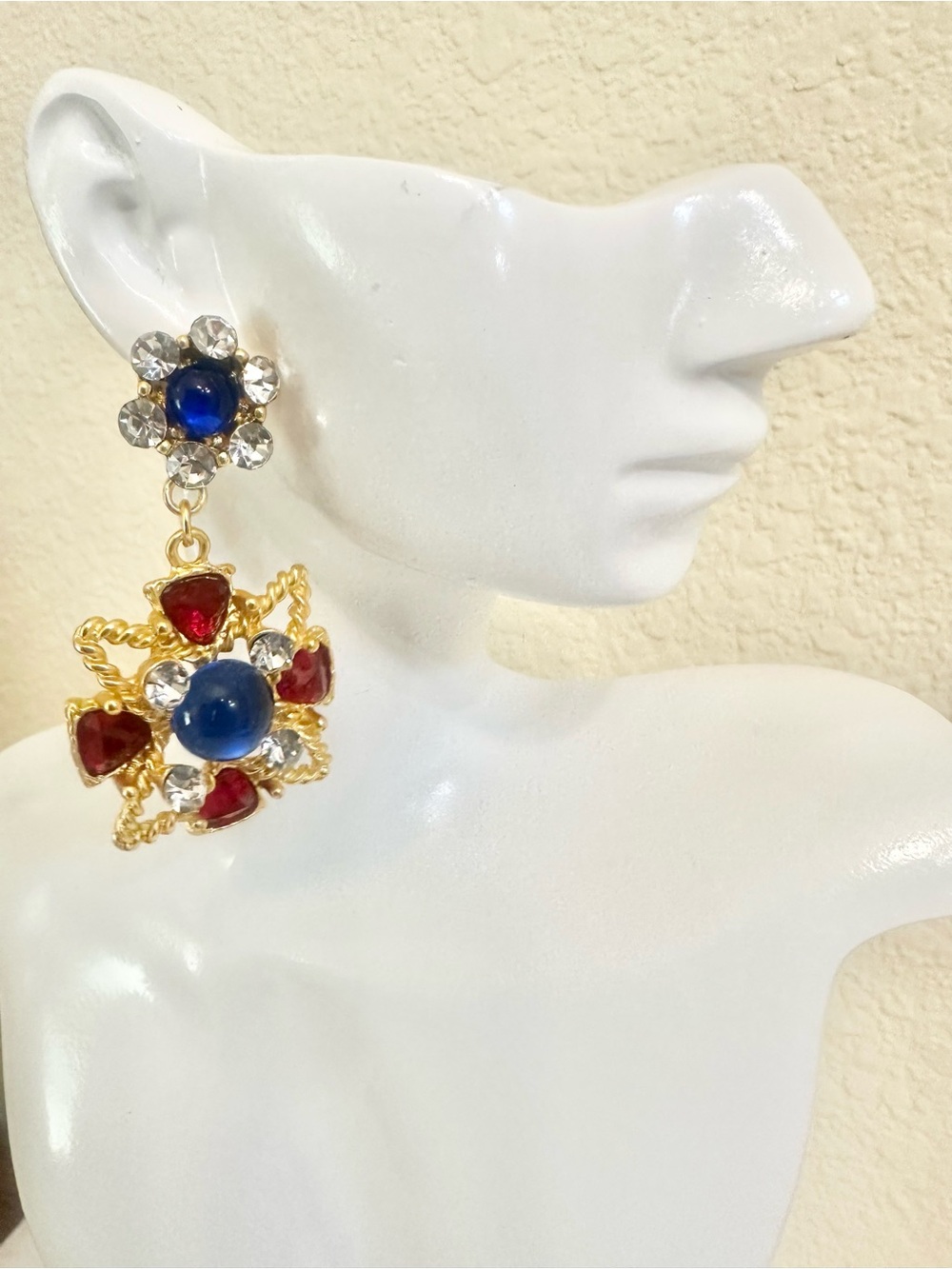 18k Gold-Plated Acrylic Blue & Red Cabochon Drop Earrings
